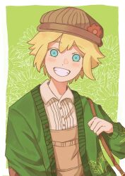  1boy basil_(birthday)_(omori) basil_(faraway)_(omori) basil_(omori) blonde_hair blue_eyes blush brown_hat brown_overalls collared_shirt double-parted_bangs grin hat highres long_sleeves looking_at_viewer male_focus omori open_mouth ota_(otanaon) overalls shirt short_hair smile solo teeth upper_body white_shirt 