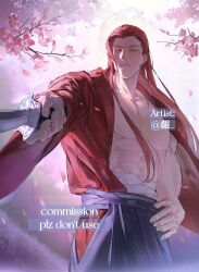  1boy abs alternate_hairstyle an_ling_withered artist_name blue_hakama cherry_blossoms closed_mouth clothing_cutout commission falling_petals hakama hand_on_own_hip highres hip_vent holding holding_sword holding_weapon japanese_clothes katana kibagami_genjuro kimono long_hair male_focus midriff_sarashi muscular muscular_male nipples pectorals petals pointing_melee_weapon pointing_sword red_eyes red_hair red_kimono samurai_spirits sarashi solo sword weapon 