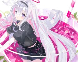  1girl air_bubble black_hairband black_sailor_collar black_serafuku black_shirt black_skirt blue_archive blush bow braid bubble colored_inner_hair cup drink drinking_glass drinking_straw expressionless hair_bow hair_flowing_over hairband halo in_container in_cup long_hair looking_at_viewer marant38 midriff_peek miniskirt multicolored_hair neckerchief outstretched_arms parted_lips partially_submerged pink_hair pink_halo pink_pupils pink_theme plana_(blue_archive) pleated_skirt refraction ring_hair_ornament sailor_collar sailor_shirt school_uniform serafuku shirt short_sleeves side_braid sidelocks sideways_glance skirt solo traditional_halo two-tone_hair very_long_hair violet_eyes white_background white_bow white_neckerchief 