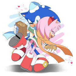  1boy 1girl alternate_costume amy_rose animal_ears animal_nose bag blue_fur blue_hat blue_scarf boots dress ear_wiggle food full_body furry furry_female furry_male furry_with_furry gloves green_dress green_eyes hat heart hedgehog_boy hedgehog_girl hetero highres holding holding_bag hug orange_scarf pink_fur r131q red_boots scarf shoes short_tail simple_background sonic_(series) sonic_the_hedgehog tail taiyaki wagashi white_background white_gloves winter_clothes 