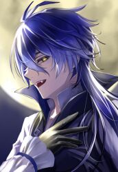  1boy alternate_costume antenna_hair black_gloves collared_shirt commentary_request fangs flins_(genshin_impact) frilled_sleeves frills full_moon genshin_impact gloves hair_between_eyes hand_on_own_chest highres long_sleeves looking_to_the_side male_focus moon necoco112061 open_mouth parted_bangs popped_collar profile shirt smile solo teeth upper_teeth_only vampire vest white_shirt yellow_eyes 