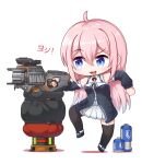  1girl :3 apex_legends bangs black_footwear black_jacket breasts charge_rifle chinese_commentary detached_sleeves energy_gun eyebrows_visible_through_hair fang futaba_channel genba_neko gun hair_behind_ear hair_between_eyes holding holding_gun holding_weapon jacket long_hair medium_breasts open_mouth original parody skirt smile solo thigh-highs weapon white_background white_skirt zran 