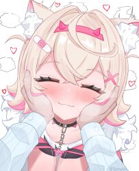  absurdres animal_ear_fluff animal_ears blonde_hair collar dog_ears dog_girl hair_ornament hands_on_another's_face heart highres hololive hololive_english jacket mococo_abyssgard mococo_abyssgard_(1st_costume) multicolored_hair open_mouth pink_hair smile streaked_hair virtual_youtuber white_background x_hair_ornament yahnuko 