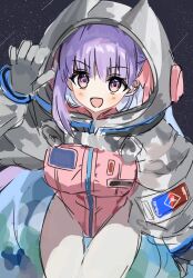  1girl bb_(fate) bb_cosmo_(fate) blush boots breasts fate/grand_order fate_(series) gloves grey_gloves hair_ribbon helmet highleg highres large_breasts leotard long_hair long_sleeves looking_at_viewer open_mouth pink_leotard purple_hair ribbon shrug_(clothing) smile solo space space_helmet spacesuit syst097 very_long_hair violet_eyes 