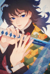 0_ebj 1boy black_hair black_jacket blue_eyes commentary_request demon_slayer_uniform haori highres holding holding_sword holding_weapon jacket japanese_clothes kimetsu_no_yaiba long_sleeves male_focus medium_hair parted_lips print_haori red_haori smile solo sword sword_writing tomioka_giyuu upper_body water_drop weapon 