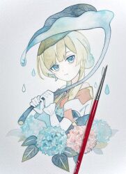  1girl art_tools_in_frame bare_shoulders blonde_hair blue_eyes closed_mouth commentary_request dot_nose flower genshin_impact head_tilt highres holding holding_leaf leaf leaf_umbrella long_sleeves looking_at_viewer nasuke painting_(medium) puffy_sleeves sandrone_(genshin_impact) short_hair_with_long_locks solo traditional_media upper_body water_drop watercolor_(medium) 