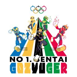  1girl 4boys absurdres black_bodysuit black_helmet blue_bodysuit blue_helmet bodysuit copyright_name full_body gozyueagle gozyuleon gozyutyranno gozyuunicorn gozyuwolf green_bodysuit green_helmet group_picture helmet highres multiple_boys no.1_sentai_gozyuger olympics red_bodysuit red_helmet saikekuu simple_background super_sentai tokusatsu white_background yellow_bodysuit yellow_helmet 