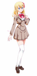  1girl agnes_claudel artist_name blonde_hair blue_eyes bow bowtie cropped_jacket double-parted_bangs eiyuu_densetsu full_body hair_between_eyes kuro_no_kiseki_(series) loafers long_hair long_sleeves looking_at_viewer over-kneehighs red_bow red_bowtie school_uniform shoes simple_background skirt socks solo tachi-e thigh-highs traditional_bowtie white_background white_socks xiacheng_tatsuya 