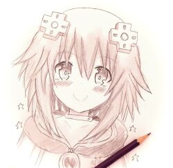  1girl art_tools_in_frame choker colored_pencil_(medium) commentary_request d-pad d-pad_hair_ornament dj_unlock hair_ornament hood hoodie jewelry neck_ring neptune_(neptunia) neptune_(series) pencil short_hair sidelocks smile solo star_(symbol) traditional_media 