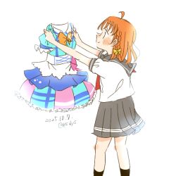 1girl ahoge black_socks blue_dress bow bowtie braid dated dress feet_out_of_frame frilled_dress frills grey_sailor_collar grey_skirt holding holding_unworn_clothes holding_unworn_dress kase_(ks_lys) kimi_no_kokoro_wa_kagayaiteru_kai? love_live! love_live!_sunshine!! medium_hair miniskirt neckerchief orange_bow orange_bowtie orange_hair pleated_skirt profile puffy_short_sleeves puffy_sleeves red_neckerchief sailor_collar school_uniform serafuku shirt short_sleeves side_braid simple_background skirt socks solo summer_uniform takami_chika twitter_username unworn_dress uranohoshi_school_uniform white_background white_shirt 