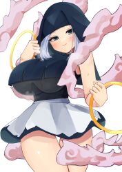  1girl absurdres adapted_costume black_eyes black_hood black_shirt blue_hair blush breasts clouds cowboy_shot highres holding_hoop hoop kumoi_ichirin large_breasts light_smile long_hair looking_at_viewer pink_clouds shinonome_zakuro shirt skirt sleeveless solo steam sweat thigh_gap touhou undershirt white_background white_skirt 