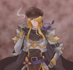  1boy armor belt black_belt black_cape black_gloves black_sclera black_shirt blonde_hair blue_belt breastplate brown_background brown_hat cape chain cigarette closed_mouth colored_sclera commentary_request deviling emblem fujita_(fuzuneko) gauntlets gloves hair_over_one_eye hand_on_own_hip hat highres holding holding_cigarette long_hair looking_at_viewer male_focus newsboy_cap official_alternate_costume pauldrons ragnarok_online rune_knight_(ragnarok_online) shirt shoulder_armor sidelocks smile smoking solo upper_body variant_set yellow_eyes 