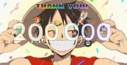  2girls 6+boys ^_^ afro antlers arms_up blonde_hair blue_skin book brook_(one_piece) brown_overalls chest_tattoo closed_eyes colored_skin commentary confetti english_commentary franky_(one_piece) green_hair hair_over_one_eye haramaki hat heart heart-shaped_eyes highres holding holding_book horns japanese_clothes jinbe_(one_piece) kimono long_nose milestone_celebration monkey_d._luffy multiple_boys multiple_girls nami_(one_piece) nico_robin numbered one_piece orange_hair overalls panties pink_hat qin_(7833198) red_shirt reindeer_antlers roronoa_zoro sanji_(one_piece) sash shirt skeleton skirt sleeping sleeveless sleeveless_shirt smile straw_hat straw_hat_pirates t-shirt tattoo tears thank_you tony_tony_chopper underwear usopp 