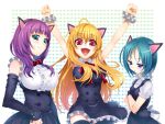  :d \o/ animal_ears arms_up blonde_hair blue_eyes breasts cat_ears flat_chest green_eyes green_hair hisashi hisashi_(nekoman) large_breasts long_hair mikan_(artist) open_mouth outstretched_arms purple_hair red_eyes ribbon ribbons short_hair smile thighhighs 