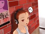  araragi bad_id bow brick_wall hair_bow hairband headphones idolmaster long_hair minase_iori poster_(object) red_eyes red_hair redhead 