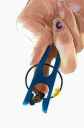  1girl absurdres black_skirt blue_hair clothes_pin hand_focus highres juliet_sleeves knees_up long_sleeves mahou_shoujo_madoka_magica mahou_shoujo_madoka_magica_(anime) mihifu miki_sayaka mitakihara_school_uniform pleated_skirt puffy_sleeves ribbon school_uniform short_hair simple_background sitting skirt surreal sweater symbolism upside-down white_background yellow_ribbon yellow_sweater 