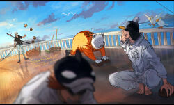  4boys absurdres bear_boy bepo_(one_piece) bird blurry blurry_foreground calling cleaning commentary_request flying_sweatdrops furry furry_male hat_over_eyes highres holding holding_sword holding_weapon jumpsuit male_focus mop multiple_boys ocean one_piece penguin_(one_piece) plytometo reflective_floor seagull shachi_(one_piece) ship shirt sword trafalgar_law watercraft weapon white_jumpsuit white_shirt 