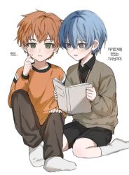 2boys aged_down aoyagi_touya black_eyes black_shorts blue_hair blush book brown_pants child collared_shirt crew_neck full_body green_eyes hand_up highres holding holding_book index_finger_raised korean_text long_sleeves male_focus mole mole_under_eye multicolored_hair multiple_boys nervous_sweating open_book open_mouth orange_hair pants project_sekai shinonome_akito shirt short_hair shorts simple_background sitting socks split-color_hair sweat sweater translation_request two-tone_hair v-neck wariza white_background white_socks yangaengso 
