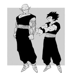  2boys antennae bald border dougi dragon_ball dragon_ball_z full_body grey_background highres living_(nsiring) male_focus multiple_boys muscular muscular_male no_eyebrows piccolo pointy_ears short_hair simple_background son_gohan spiky_hair white_border 