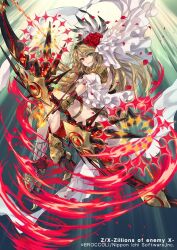  1girl blonde_hair bow_(weapon) brown_gloves closed_mouth copyright_notice detached_sleeves flower frilled_veil gandiva_(z/x) gloves green_eyes hagiya_kaoru hair_flower hair_ornament heterochromia holding holding_bow_(weapon) holding_weapon long_hair official_art red_aura red_eyes red_petals smile solo weapon z/x 