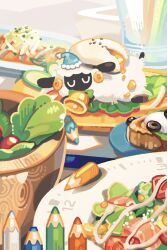  animal bacon bell blue_hat closed_eyes commentary_request egg food hat nightcap no_humans original pencil plate salad sheep tabunnanhun u_u 