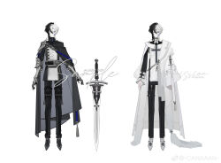  2boys absurdres armor arms_at_sides belt belt_collar black_cloak black_collar black_gloves black_hair black_jacket black_pants black_shirt black_shoes blue_eyes borrowed_character cape capelet cheek_piercing chinese_commentary cloak closed_mouth collar commission corset_piercing couter cross cross_fleury cross_print curtained_hair expressionless face_piercing facial_tattoo feather_boa flame_tattoo full_body gauntlets gloves greatsword grey_belt grey_cloak hair_between_eyes highres jacket latin_cross long_sleeves look-alike looking_at_viewer male_focus mao_mao_wansui medium_hair multicolored_hair multiple_boys original pants pauldrons piercing pleated_sleeves reference_sheet sabaton sample_watermark shirt shoes shoulder_armor side_cape simple_background single_pauldron single_sidelock sleeve_cuffs smile split-color_hair standing straight-on sword tabard tassel tattoo thigh_strap turtleneck two-sided_cloak two-sided_fabric two-sided_jacket two-tone_hair watermark weapon weibo_watermark white_background white_cape white_capelet white_hair white_jacket white_shoes white_tabard yao_mujing yao_muxuan zipper_pull_tab 