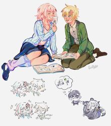  2boys 2girls alternate_costume antenna_hair arm_support basil_(birthday)_(omori) basil_(faraway)_(omori) basil_(omori) black_eyes black_hair black_shoes black_skirt blonde_hair blue_card blue_eyes blue_nails book brown_pants brown_shoes cardigan character_request chibi collarbone collared_shirt copyright_request flower green_cardigan grey_eyes grin hair_flower hair_ornament heterochromia highres holding holding_book holding_photo long_sleeves looking_at_another multiple_boys multiple_girls omori open_mouth pants photo_(object) pink_hair scrapbook seiza shirt shoes short_hair sitting skirt smile socks speech_bubble spoilers sunny_(omori) teeth thought_bubble umilini2 upper_teeth_only white_shirt white_socks 