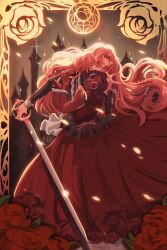  2girls aiguillette artist_name bindi border brown_background castle closed_eyes commentary dark-skinned_female dark_skin dress english_commentary epaulettes flower frilled_dress frills glasses gold_border hand_on_another's_shoulder highres himemiya_anthy holding holding_sword holding_weapon jacket long_dress long_hair long_sleeves multiple_girls nolvini open_mouth ornate_border outside_border petals pink_hair purple_hair red_dress red_flower red_rose rose rose_petals round_eyewear short_hair shoujo_kakumei_utena smile sparkle standing sword sword_of_dios tenjou_utena tiara very_long_hair warm_colored wavy_hair weapon yuri 