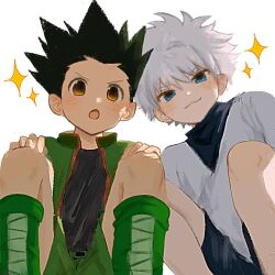  2boys :3 black_hair black_shirt black_shorts blue_eyes blush boots brown_eyes closed_mouth collared_jacket commentary gon_freecss green_boots green_jacket green_shorts grey_shirt hands_on_own_knees hunter_x_hunter jacket killua_zoldyck layered_clothes looking_at_viewer male_focus multiple_boys open_clothes open_jacket open_mouth oyasai_ngate popped_collar shirt short_hair shorts sitting sparkle sparkling_aura v-neck v-shaped_eyebrows white_background white_hair widow&#039;s_peak 