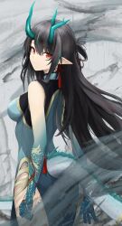  1girl arknights avg_mawtylover black_hair china_dress chinese_clothes colored_skin dragon_girl dragon_horns dragon_tail dress dusk_(arknights) dusk_(everything_is_a_miracle)_(arknights) earrings eastern_dragon_tail gradient_skin green_hands green_horns green_skin highres horns ink jewelry looking_at_viewer multicolored_hair pointy_ears red_eyes streaked_hair tail tail_ornament tail_ring tassel tassel_earrings 