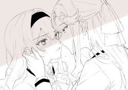  2girls absurdres blush bow bowtie eye_contact face-to-face from_side greyscale hair_between_eyes hair_bow hair_ornament hairband half_updo hand_on_another's_ear hand_up highres jacket lilimaya long_hair long_sleeves looking_at_another monochrome multiple_girls nose_blush parted_lips portrait profile saijou_claudine school_uniform seishou_music_academy_uniform shade shoujo_kageki_revue_starlight sidelocks simple_background sweat tendou_maya wavy_hair white_background x_hair_ornament yuri 