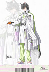  1boy absurdres animal_ears bag_charm bags_under_eyes barcode belt belt_pouch black_belt black_hair black_shirt briefcase bright_pupils cape charm_(object) coat coat_stash collared_shirt colored_tips commentary doctor dog_boy dog_ears dog_tail expressionless full_body gloves green_pants hair_between_eyes highres holding holding_briefcase holding_scalpel husky id_card inside_pocket long_sleeves looking_at_viewer male_focus medium_hair multicolored_hair open_collar orange_eyes orange_gloves original p9_nai pants parted_lips pouch sandals scalpel shirt signature solo standing stethoscope streaked_hair surgical_scissors syringe tail toenails turtleneck turtleneck_shirt undershirt white_background white_cape white_coat white_hair white_pupils white_sandals white_shirt zipper zipper_pull_tab zoom_layer 