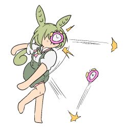  1girl alarm_clock analog_clock barefoot bow bowtie clock commentary_request failure full_body green_hair green_shorts in_the_face kamemaru91 long_hair low_ponytail pea_pod pink_bow pink_bowtie ponytail puffy_short_sleeves puffy_sleeves ricocheting shirt short_sleeves shorts simple_background solo standing suspenders throwing transparent_background voiceroid voicevox white_shirt zundamon 