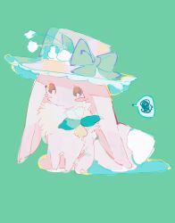  animal_focus blush_stickers bow brown_eyes ciuchviicuq closed_mouth clothed_pokemon eevee flower frilled_hat frills full_body green_background green_bow hat hat_flower highres looking_to_the_side pink_fur pokemon pokemon_(creature) simple_background sitting solo very_long_ears 