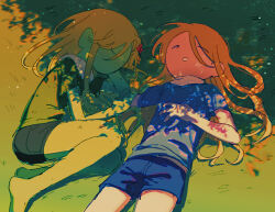  2boys adventure_time barefoot black_shorts blonde_hair blue_shirt blue_shorts closed_eyes colored_skin fern_(adventure_time) finn_the_human flower grass green_shirt hair_flower hair_ornament highres long_hair male_focus meme3487486938 monster_boy multiple_boys plant_boy shirt shorts sleeping t-shirt 