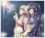  aerial_fireworks alternate_hairstyle blue_eyes blue_hair fan fervent_idiot fireworks hands himemiya_chikane holding japanese_clothes kannazuki_no_miko kimono kurusugawa_himeko long_hair looking_up multiple_girls night paper_fan pointing ponytail profile purple_eyes smile uchiwa yukata 