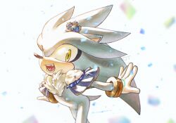  1boy 3582y alternate_costume animal_ears animal_nose blue_capelet body_fur bracelet capelet commentary_request crown fang fur-trimmed_capelet fur_trim furry furry_male gloves gold_bracelet grey_fur hedgehog_boy jewelry looking_at_viewer male_focus neck_fur open_mouth short_tail silver_the_hedgehog simple_background smile sonic_(series) standing tail watermark white_background white_fur white_gloves yellow_eyes 