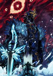  1boy absurdres armor black_helm black_helmet capitano_(genshin_impact) faceless faceless_male fatui_coat fur_trim genshin_impact gold_trim helm helmet highres holding holding_sword holding_weapon mariosdalart sitting smoke solo spiked_helmet sword throne vest weapon 