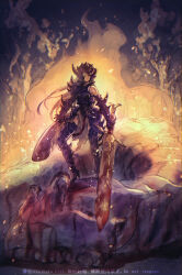  1girl absurdres armor blood blood_on_weapon breastplate cuisses dragon dragon_horn_hunter duel_monster faulds gauntlets greaves grey_hair hair_over_one_eye helmet highres holding holding_sword holding_weapon huge_weapon leg_armor long_hair pauldrons poleyn red_eyes shoulder_armor single_bare_shoulder single_pauldron solo sugomori_tsuru_(hana_tsuru_wo) sword weapon yu-gi-oh! 