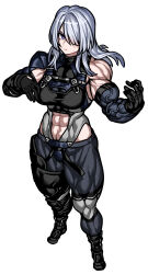  1girl abs absurdres ak-15_(girls&#039;_frontline) artificial_eye biceps braid closed_mouth girls_frontline gloves grey_hair hair_over_one_eye highres large_pectorals long_hair mechanical_eye muscular muscular_female navel pants pectorals shirt thick_thighs thighs violet_eyes white_background white_hair yotaro 