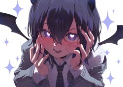 1girl black_collar black_hair blue_hair blush collar collared_shirt crossed_bangs demon_horns demon_wings grey_jacket hair_between_eyes hands_on_own_face heart heart-shaped_pupils highres horns ichinose_uruha ichinose_uruha_(6th_costume) jacket long_sleeves looking_at_viewer medium_hair multicolored_hair necktie niboshidrip official_alternate_costume official_alternate_hairstyle open_mouth school_uniform shirt solo sparkle streaked_hair sweat symbol-shaped_pupils upper_body violet_eyes virtual_youtuber vspo! white_shirt wings 