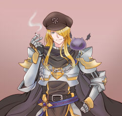  1boy armor belt black_belt black_cape black_gloves black_shirt blonde_hair blue_belt breastplate brown_background brown_hat cape chain cigarette closed_mouth commentary_request deviling emblem fujita_(fuzuneko) gauntlets gloves green_eyes hair_over_one_eye hand_on_own_hip hat highres holding holding_cigarette long_hair looking_at_viewer male_focus newsboy_cap official_alternate_costume pauldrons ragnarok_online rune_knight_(ragnarok_online) shirt shoulder_armor sidelocks simple_background smile smoking solo upper_body variant_set 