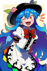  1girl ;d apron arms_behind_back black_hat blue_hair blue_skirt bollzzalguy bow bowtie center_frills collared_shirt commentary cowboy_shot frills hat hat_ornament highres hinanawi_tenshi leaf_hat_ornament long_hair looking_at_viewer one_eye_closed open_mouth peach_hat_ornament puffy_short_sleeves puffy_sleeves red_bow red_bowtie red_eyes shirt short_sleeves skirt smile solo touhou v-shaped_eyebrows very_long_hair waist_apron white_apron white_shirt yellow_background 
