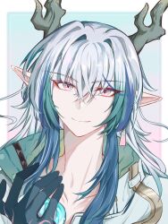  1boy arknights blue_hair border chinese_commentary closed_mouth collarbone colored_extremities commentary_request crossed_bangs green_hair grey_hair hair_between_eyes hand_up highres jihuang82080 long_hair looking_at_viewer male_focus multicolored_hair outside_border pink_eyes pointy_ears portrait smile solo white_border yi_(arknights) 