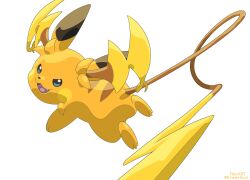 :d fang highres komepan looking_to_the_side mega_raichu_y no_humans open_mouth pokemon pokemon_(creature) pokemon_focus pokemon_legends:_z-a raichu simple_background smile solo tongue twitter_username white_background