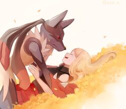  1girl 1other arms_up bad_id bad_pixiv_id blonde_hair blush closed_eyes facing_another falling_petals flower furrowed_brow half-closed_eyes hand_on_ground hands_up happy highres kneeling looking_at_another looking_down lucario lying mega_lucario on_back on_flower on_grass on_ground open_mouth outdoors petals pleated_skirt pokemon pokemon_xy red_eyes red_skirt ropang serena_(pokemon) shirt skirt sleeveless sleeveless_shirt sweatdrop white_background white_shirt yellow_flower yukadon 