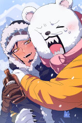  2boys :d alcohol bear_boy bepo_(one_piece) black_hair black_jacket blush bottle brown_gloves cheek-to-cheek claws closed_eyes cold commentary_request earrings facial_hair fur-trimmed_hood fur-trimmed_jacket fur_hat fur_trim furry furry_male gloves goatee gold_earrings hand_up hat heads_together highres holding holding_bottle hood hood_up hooded_jacket hug jacket jewelry jumpsuit long_sleeves male_focus mountain multiple_boys one_piece open_mouth orange_jumpsuit outdoors pink_scarf scarf sharp_teeth short_hair sideburns smile snot snowing teeth trafalgar_law upper_body vodka white_hat yakumo_(ykm) yellow_eyes 