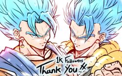  2boys black_vest blue_eyes blue_hair dragon_ball dragon_ball_super dragon_ball_super_broly english_text gogeta ham5037 highres male_focus medium_hair metamoran_vest milestone_celebration multiple_boys orange_shirt shirt spiky_hair super_saiyan super_saiyan_blue tenton_(henatyo) thank_you upper_body vegetto vest 