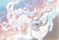  :&gt; alternate_color animal_focus animal_hands beach blue_fur blush bow cetacean_tail fang fins fish_tail full_body head_fins highres looking_at_another no_humans open_mouth pink_eyes pokemon pokemon_(creature) pokemon_focus remedy_matome ribbon shiny_pokemon standing sylveon tail two-tone_fur vaporeon violet_eyes water white_fur 