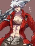  abs cosplay dante dante_(cosplay) devil_may_cry fingerless_gloves gloves green_eyes heterochromia jacket kaneaki_mukku over_shoulder ragna_the_bloodedge rebellion_(sword) red_eyes red_jacket short_hair silver_hair solo spiky_hair sword sword_over_shoulder weapon weapon_over_shoulder 